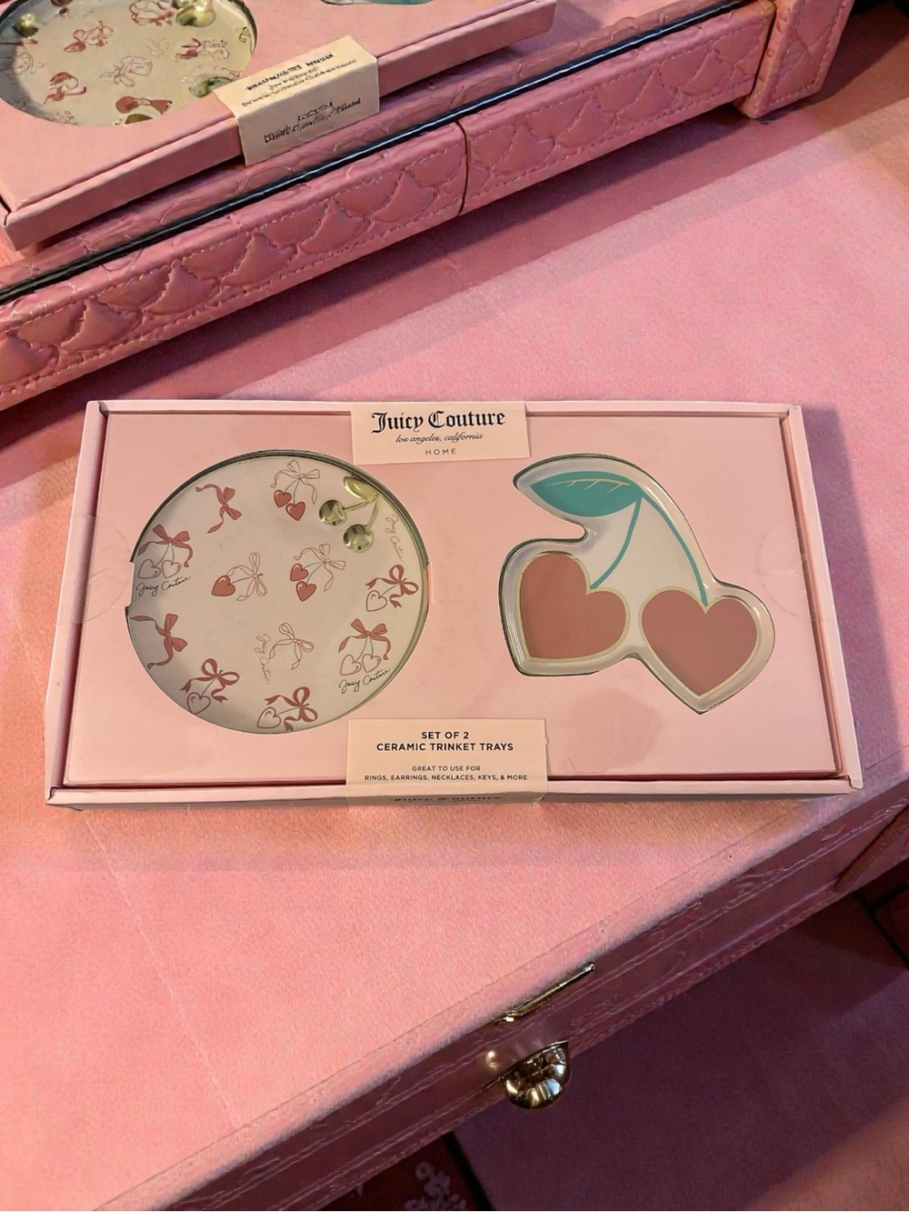 Juicy Couture Pink & Red Ceramic Trinket Tray Set - Cherries & Round Dish